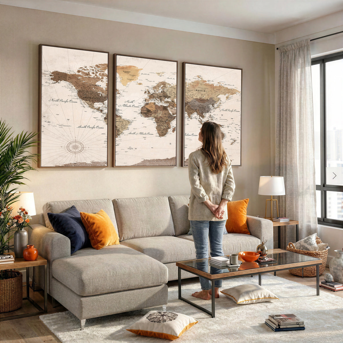 69860078-MGV-CV-36X24 - World Map Wall Art Canvas Print, Modern Decorative Framed Map Artwork Prints for Living Room, Office, Bedroom Wall Decor