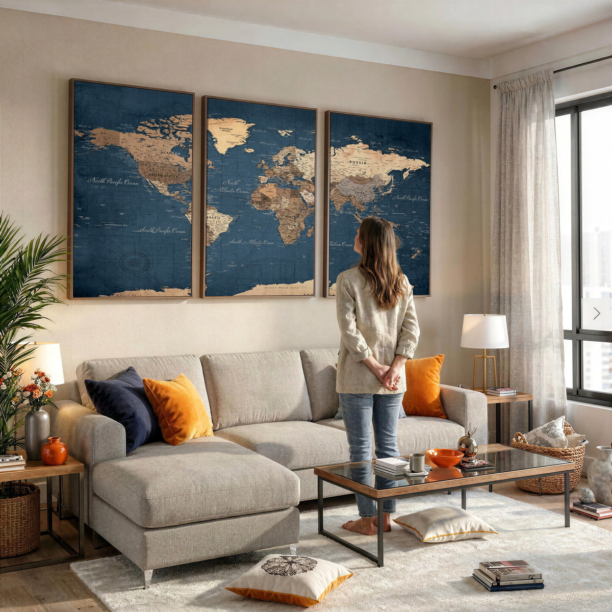 69886352-MGV-CV-36X24 - World Map Wall Art Canvas Print, Modern Decorative Framed Map Artwork Prints for Living Room, Office, Bedroom Wall Decor