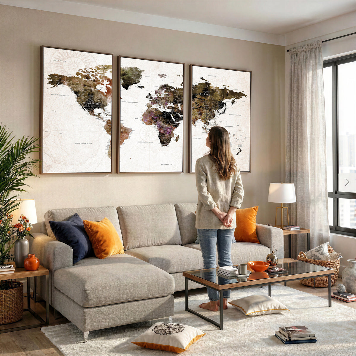 77651968-MGV-CV-36X24 - Watercolor World Map Print - Large Wall Art Canvas Print for
