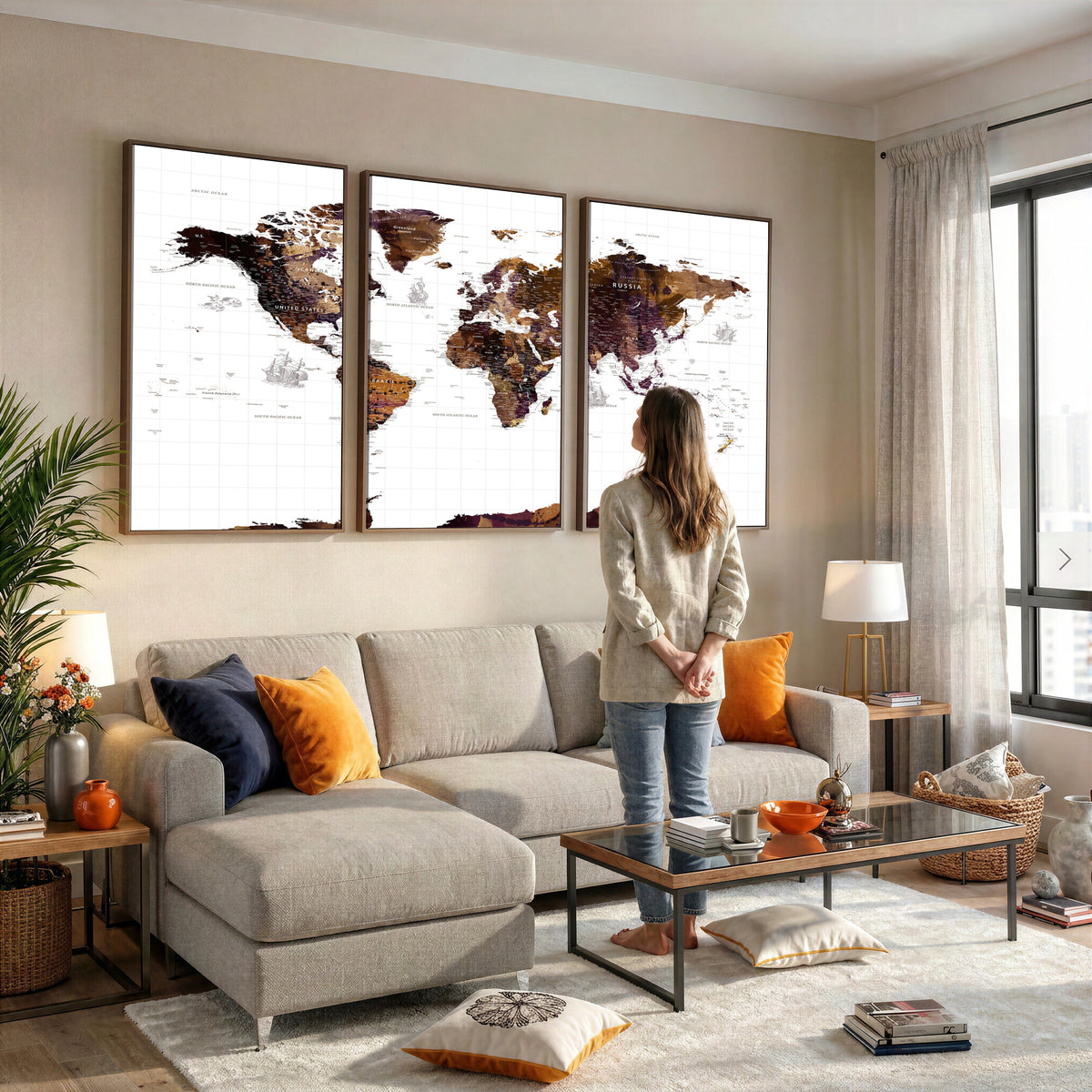 34792695-MGV-CV-36X24 - Rustic World Map Wall Art Canvas Print | Large Vintage Blue World Map on Wood Grain Style Background