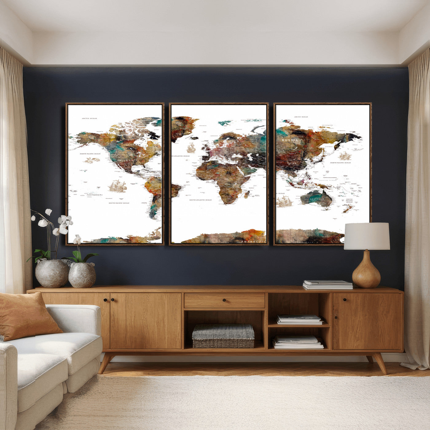 82293175-MGV-CV-36X24 - World Map Wall Art Canvas Print, Modern Decorative Framed Map Artwork Prints for Living Room, Office, Bedroom Wall Decor