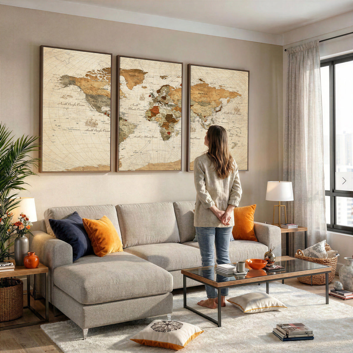29684537-MGV-CV-36X24 - Vintage World Map Canvas Print, Framed Rustic Detailed Map of the World, Explorer Decor