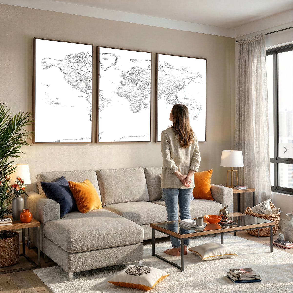 21002736-MGV-CV-36X24 - World Map Canvas Print, Framed Modern Detailed Map of the World for Home or Office