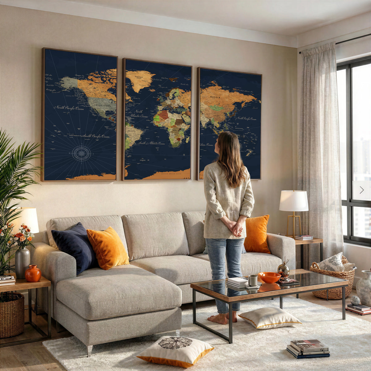 11715182-MGV-CV-36X24 - Modern World Map Canvas Print, Framed Detailed Map of the World Wall Art