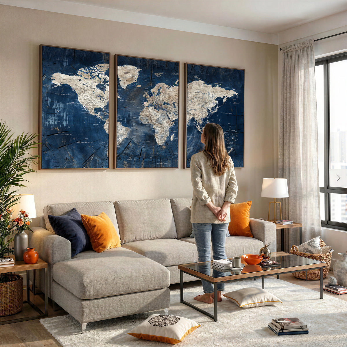 56126010-MGV-CV-36X24 - Large Blue World Map Wall Art Canvas Print for Home Office
