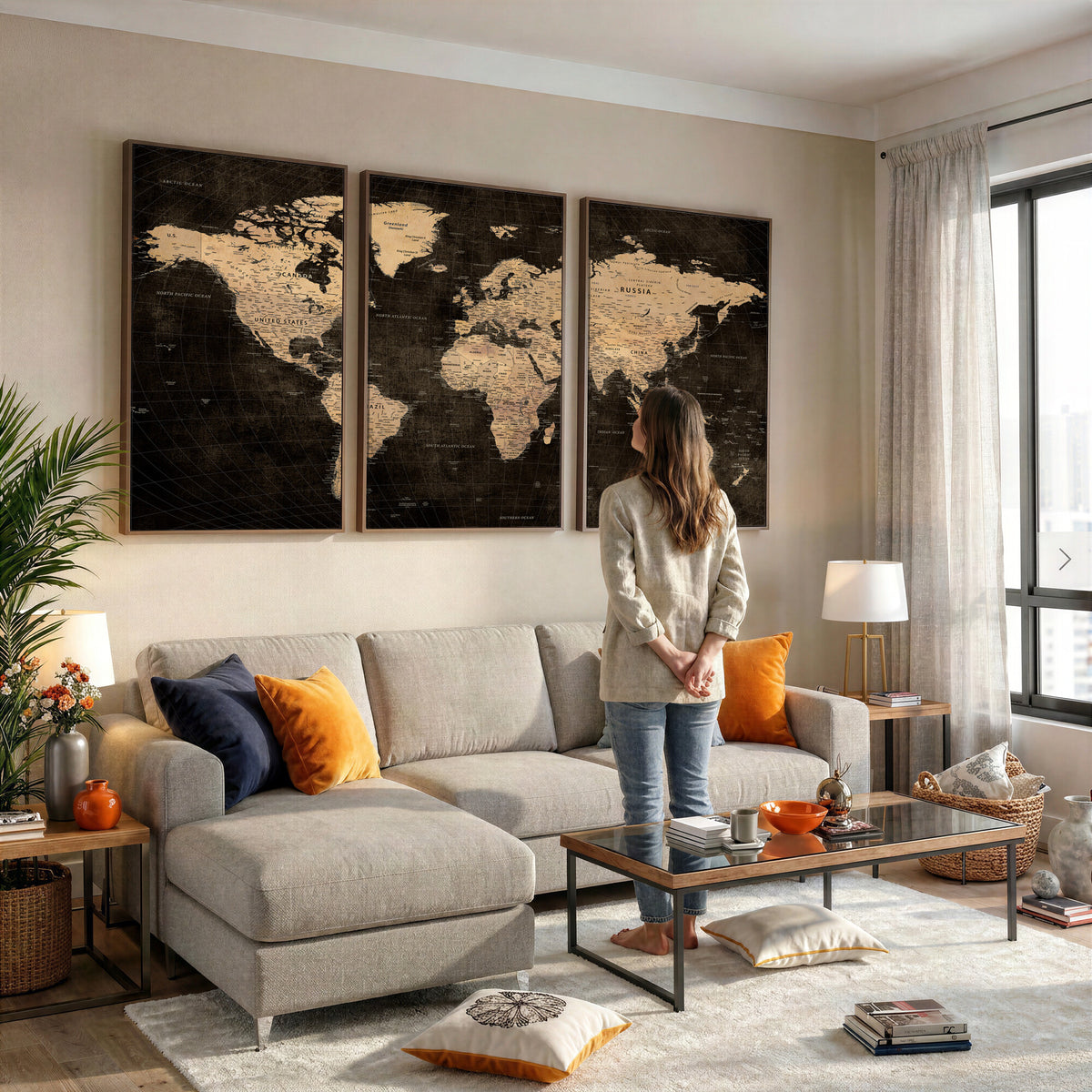 15118265-MGV-CV-36X24 - Brown World Map Canvas Print | Modern Travel Map Wall Art