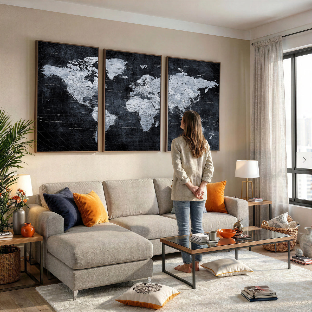 86893704-MGV-CV-36X24 - Black World Map Canvas Print | Detailed Map for Couples and Anniversary Gift