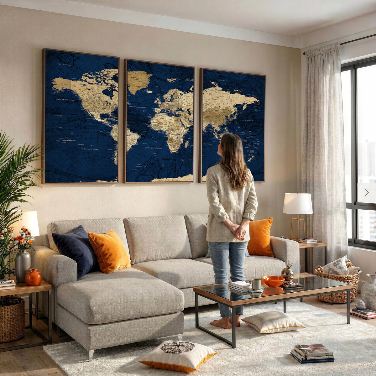 54770746-MGV-CV-36X24 - Navy Blue World Map Canvas Print – Detailed Map Minimal Navy