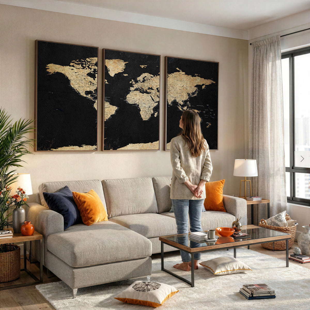 71518849-MGV-CV-36X24 - Beige World Map Canvas Wall Art Print, Minimal Black and