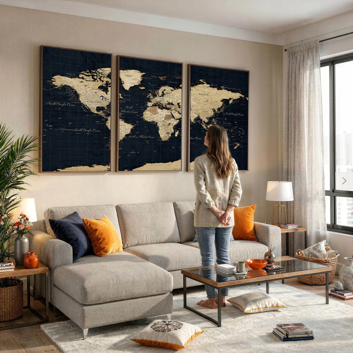 45063434-MGV-CV-36X24 - Dark World Map Canvas Wall Art Print, Minimal Black and Gold Map