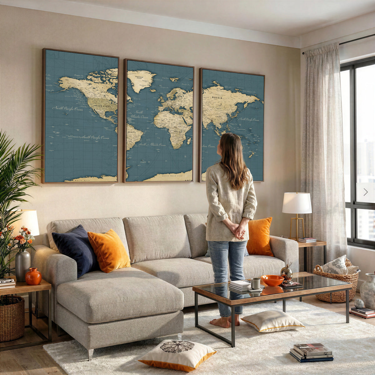 99599383-MGV-CV-36X24 - Minimal Vintage World Map Canvas Wall Art Print, Neutral