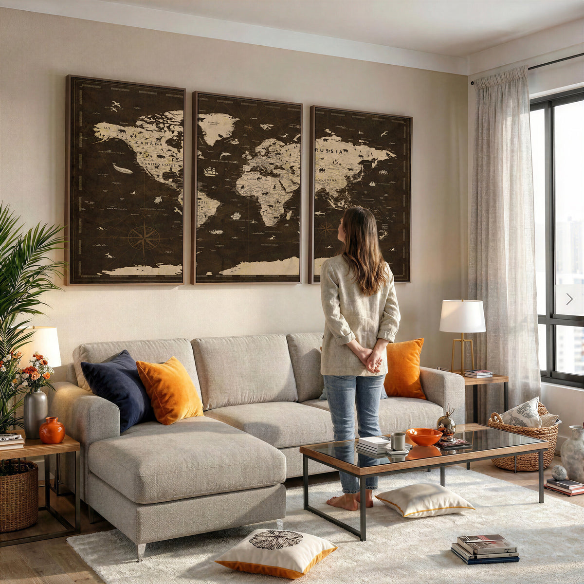 44276398-MGV-CV-36X24 - World Map Wall Art Canvas Print, Modern Decorative Framed Map Artwork Prints for Living Room, Office, Bedroom Wall Decor