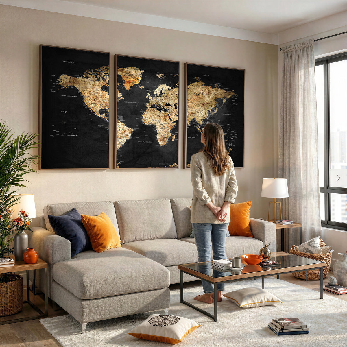 23568589-MGV-CV-36X24 - World Map Wall Art Canvas Print, Modern Decorative Framed Map Artwork Prints for Living Room, Office, Bedroom Wall Decor