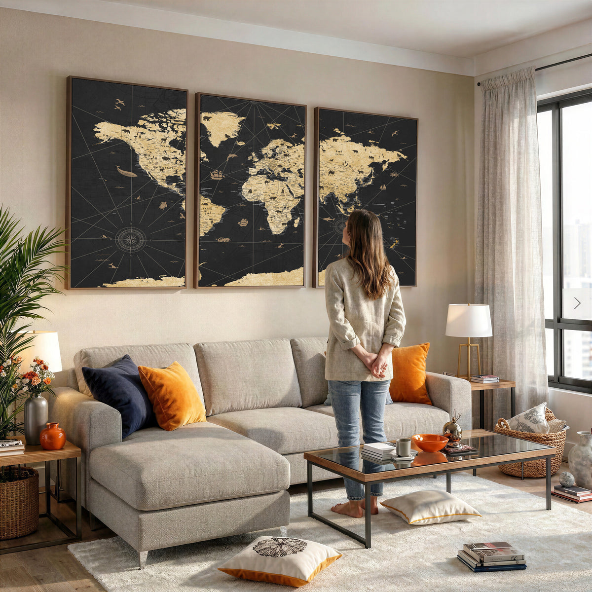 80270976-MGV-CV-36X24 - World Map Wall Art Canvas Print, Modern Decorative Framed Map Artwork Prints for Living Room, Office, Bedroom Wall Decor