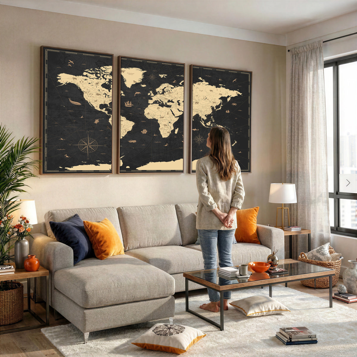 75220264-MGV-CV-36X24 - World Map Wall Art Canvas Print, Modern Decorative Framed Map Artwork Prints for Living Room, Office, Bedroom Wall Decor