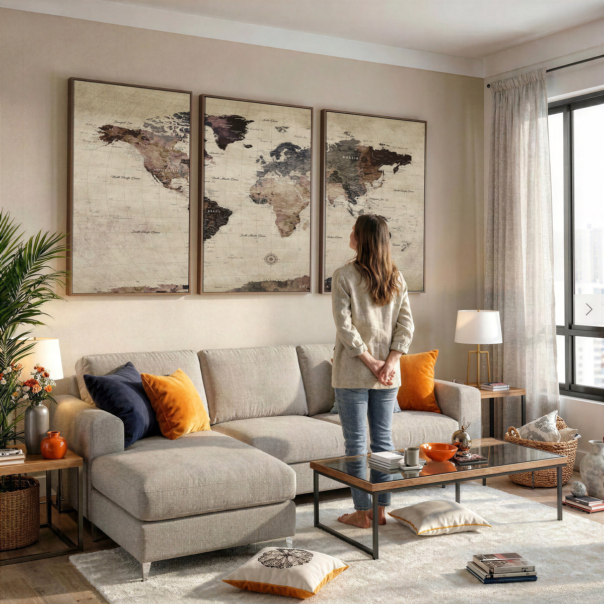 60560672-MGV-CV-36X24 - World Map Wall Art Canvas Print, Modern Decorative Framed Map Artwork Prints for Living Room, Office, Bedroom Wall Decor