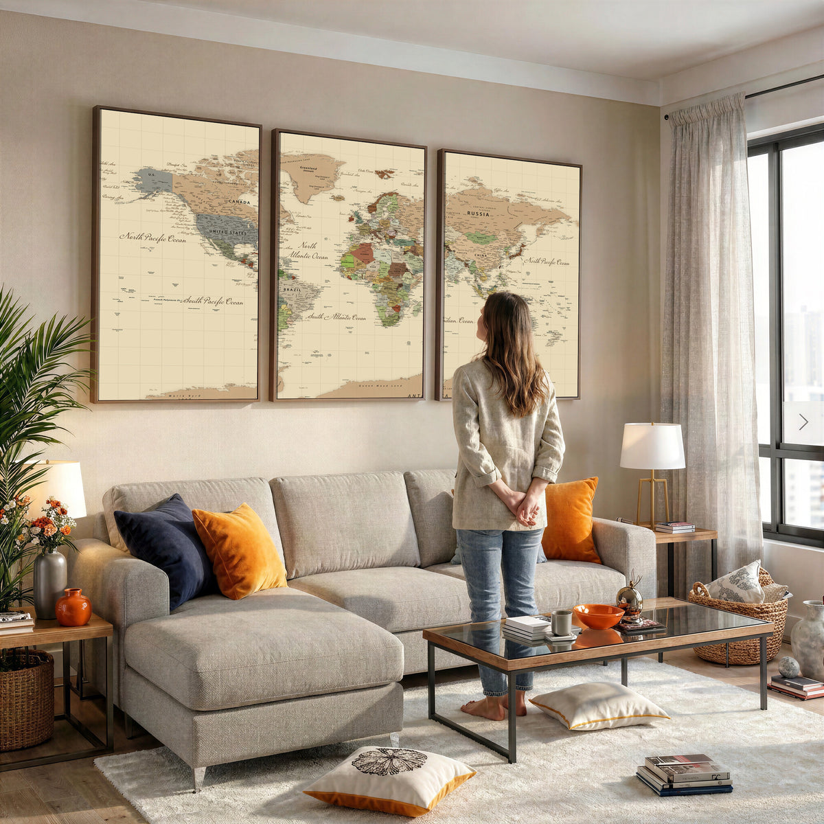 31407854-MGV-CV-36X24 - World Map Wall Art Canvas Print, Modern Decorative Framed Map Artwork Prints for Living Room, Office, Bedroom Wall Decor