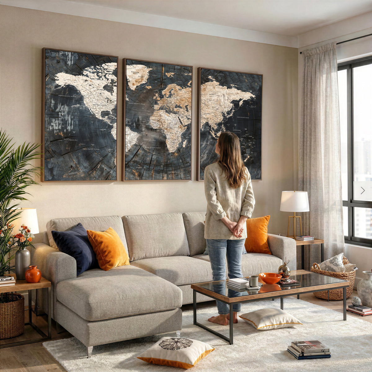 89162112-MGV-CV-36X24 - World Map Wall Art Canvas Print, Modern Decorative Framed Map Artwork Prints for Living Room, Office, Bedroom Wall Decor