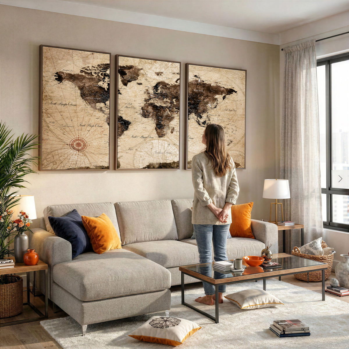 47657418-MGV-CV-36X24 - World Map Wall Art Canvas Print, Modern Decorative Framed Map Artwork Prints for Living Room, Office, Bedroom Wall Decor