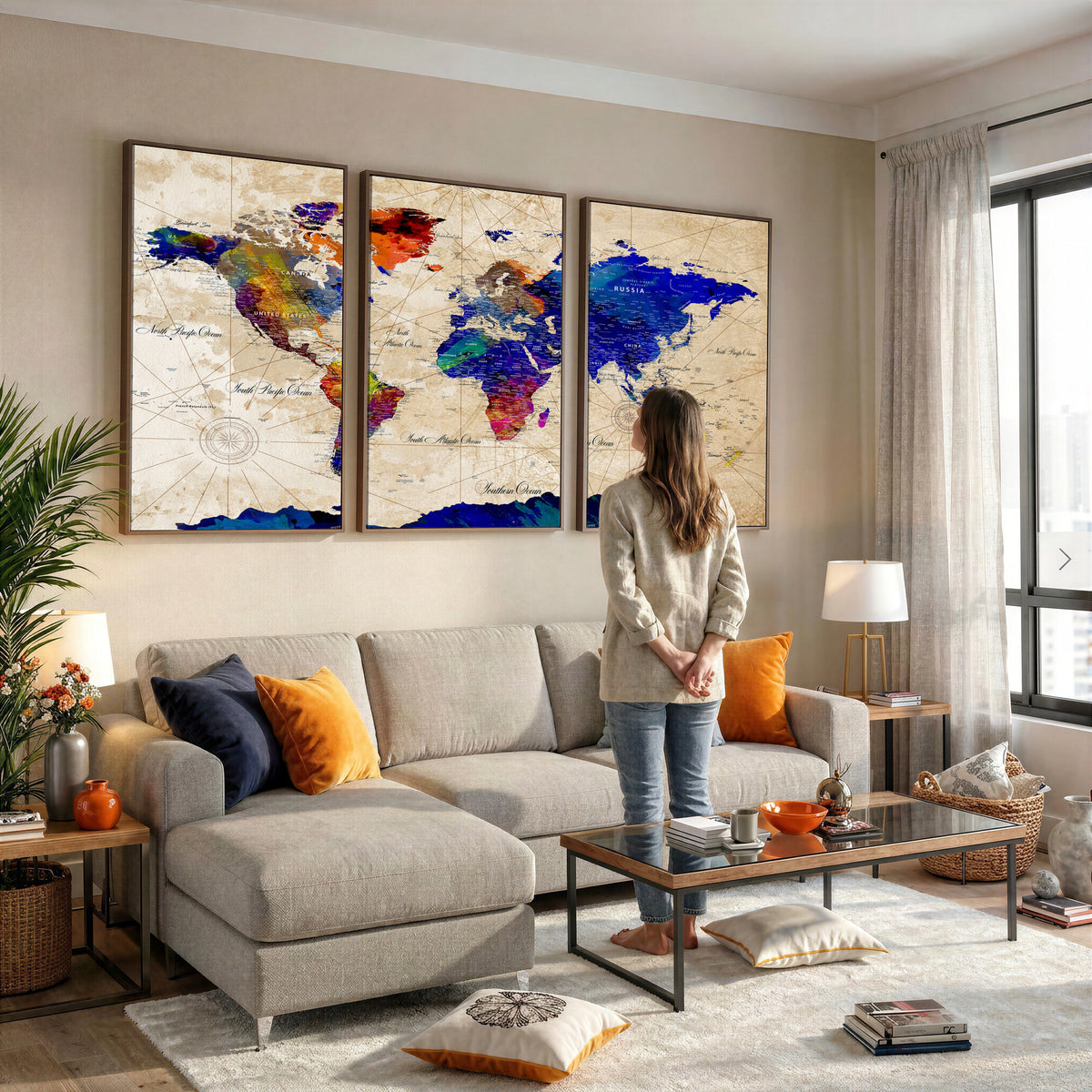 26284075-MGV-CV-36X24 - World Map Wall Art Canvas Print, Modern Decorative Framed Map Artwork Prints for Living Room, Office, Bedroom Wall Decor