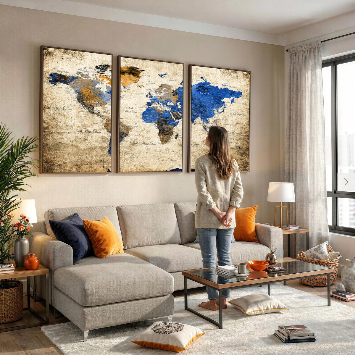 27314341-MGV-CV-36X24 - World Map Wall Art Canvas Print, Modern Decorative Framed Map Artwork Prints for Living Room, Office, Bedroom Wall Decor