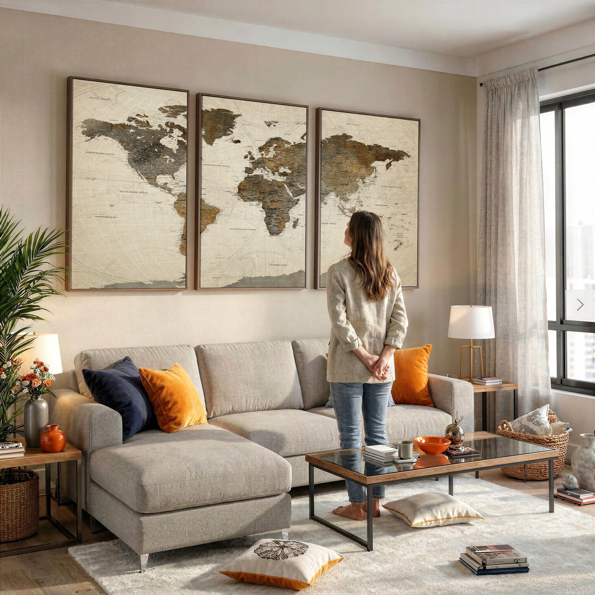 49623468-MGV-CV-36X24 - World Map Wall Art Canvas Print, Modern Decorative Framed Map Artwork Prints for Living Room, Office, Bedroom Wall Decor