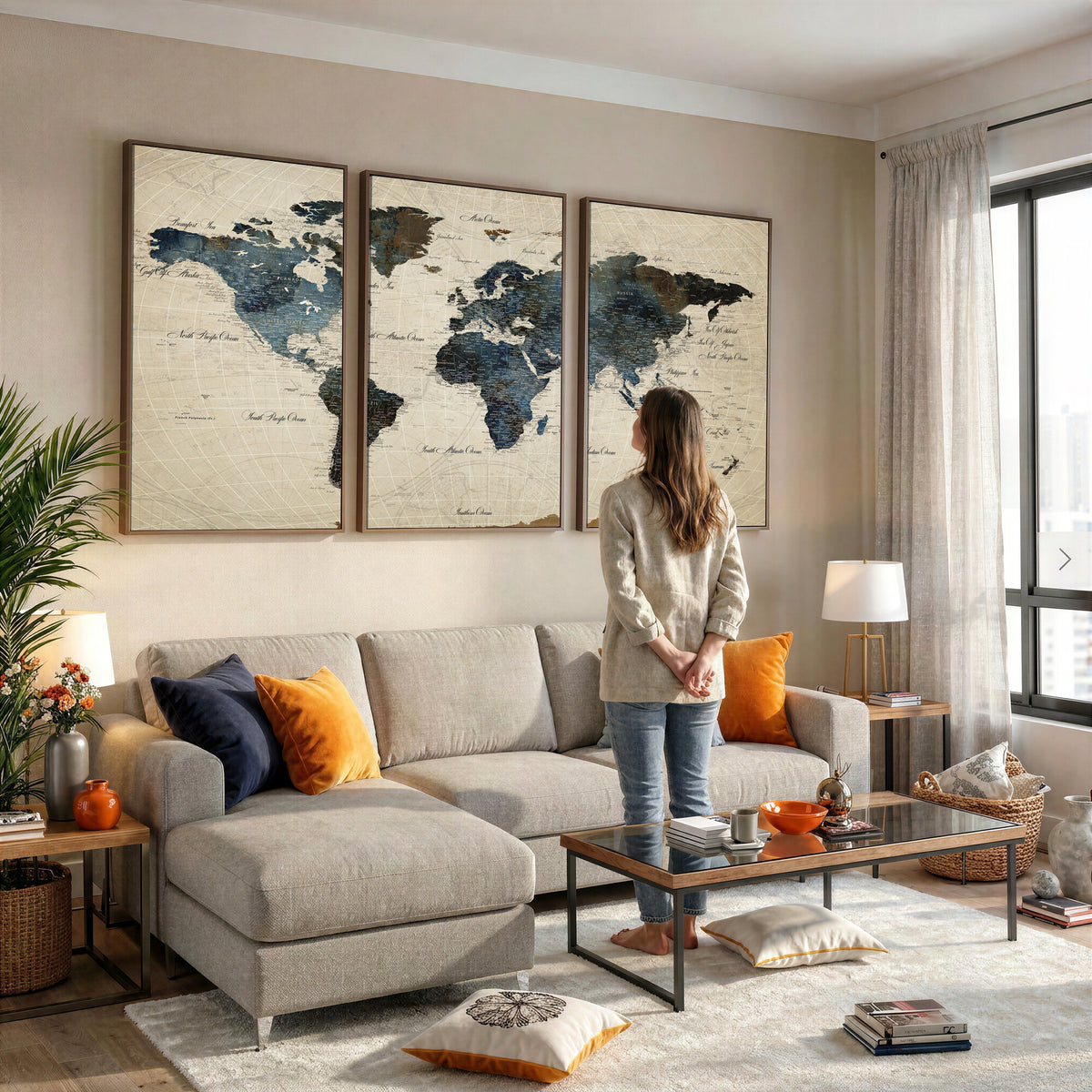 72927803-MGV-CV-36X24 - World Map Wall Art Canvas Print, Modern Decorative Framed Map Artwork Prints for Living Room, Office, Bedroom Wall Decor