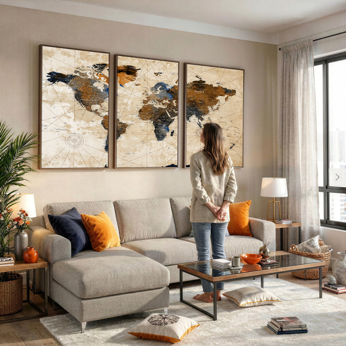 15727090-MGV-CV-36X24 - World Map Wall Art Canvas Print, Modern Decorative Framed Map Artwork Prints for Living Room, Office, Bedroom Wall Decor