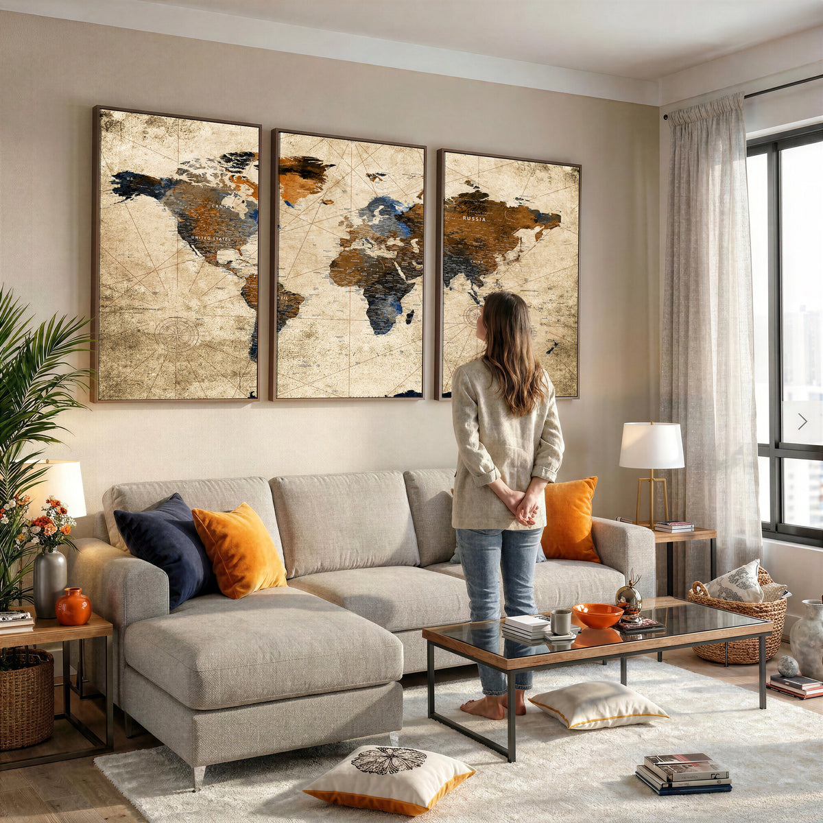 27163414-MGV-CV-36X24 - World Map Wall Art – Rustic Earth Tone Canvas Print, Antique