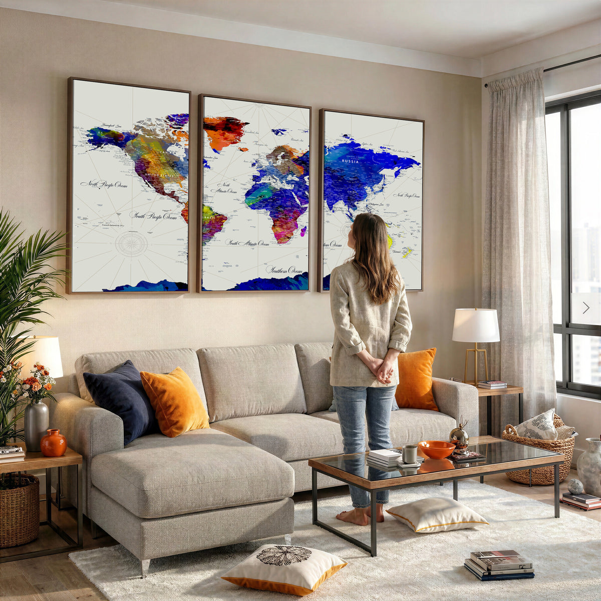 49670038-MGV-CV-36X24 - World Map Wall Art Canvas Print, Modern Decorative Framed Map Artwork Prints for Living Room, Office, Bedroom Wall Decor