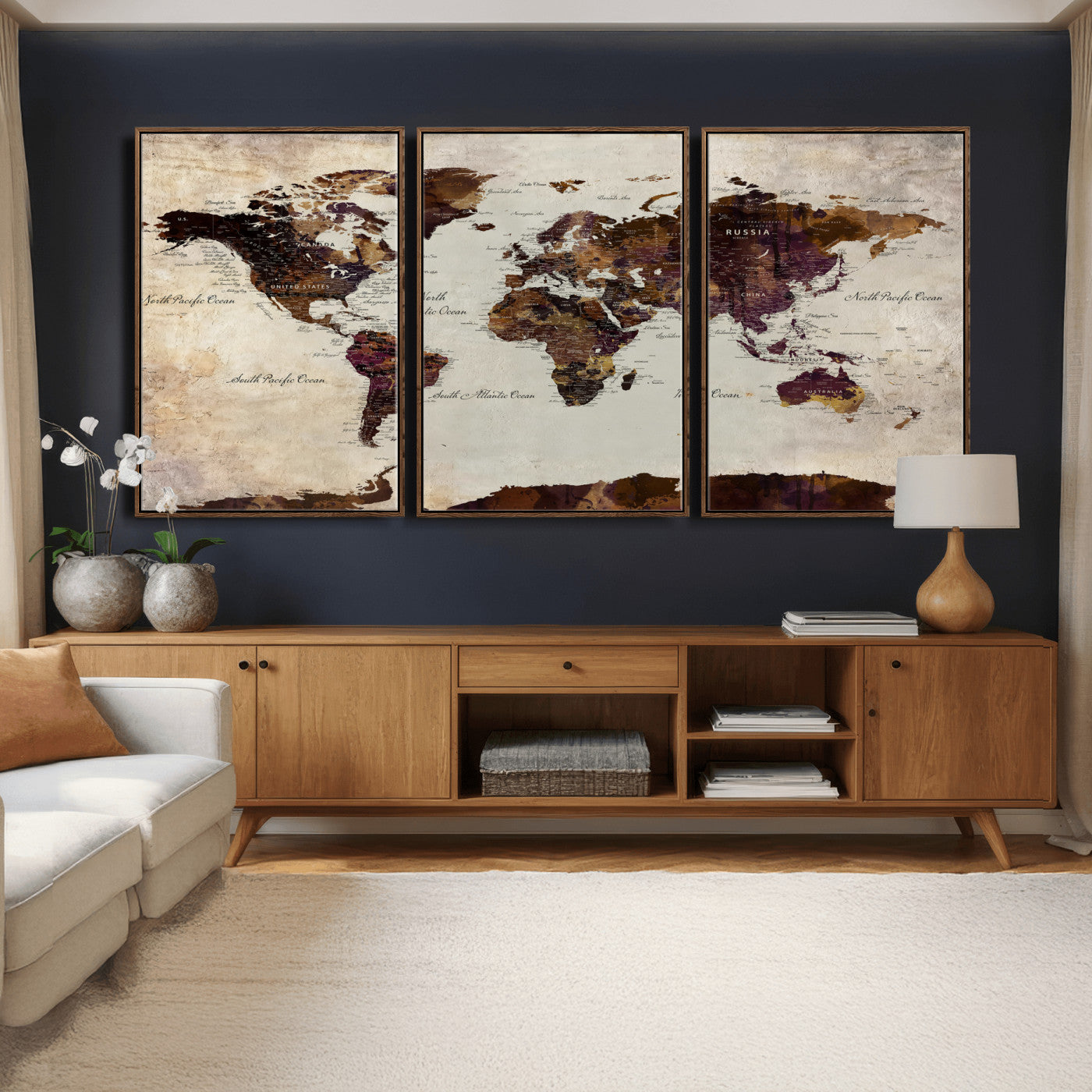 50611123-MGV-CV-36X24 - World Map Canvas Triptych – Colorful Global Wall Art for Living Rooms, Offices, and Study Spaces