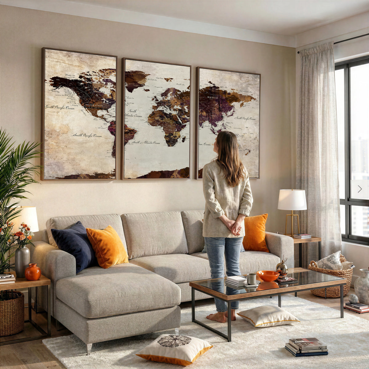 50611123-MGV-CV-36X24 - World Map Canvas Triptych | Colorful Global Wall Art for Living Rooms