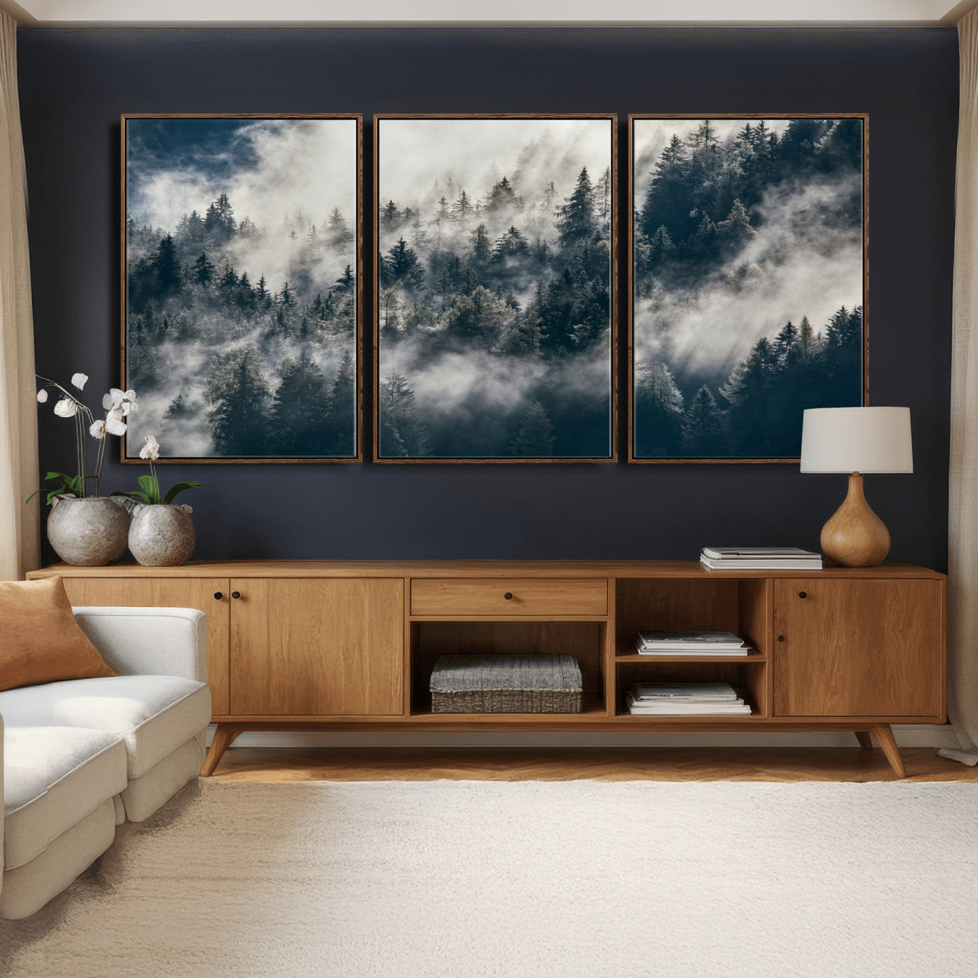 63405824-MGV-CV-36X24 - Foggy Mountain Forest Canvas Print, Misty Pine Trees Nature Wall Art, Framed Canvas Ready to Hang