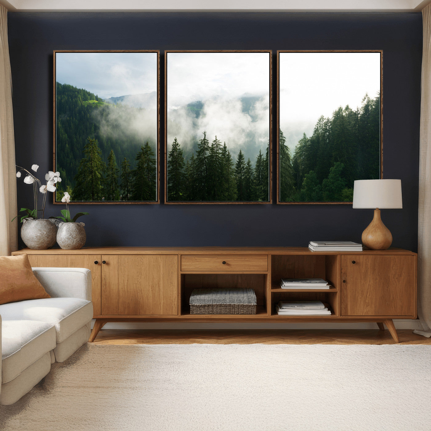 67174129-MGV-CV-36X24 - Misty Mountain Forest Canvas Print, Foggy Pine Trees Nature Wall Art, Framed Canvas Ready to Hang