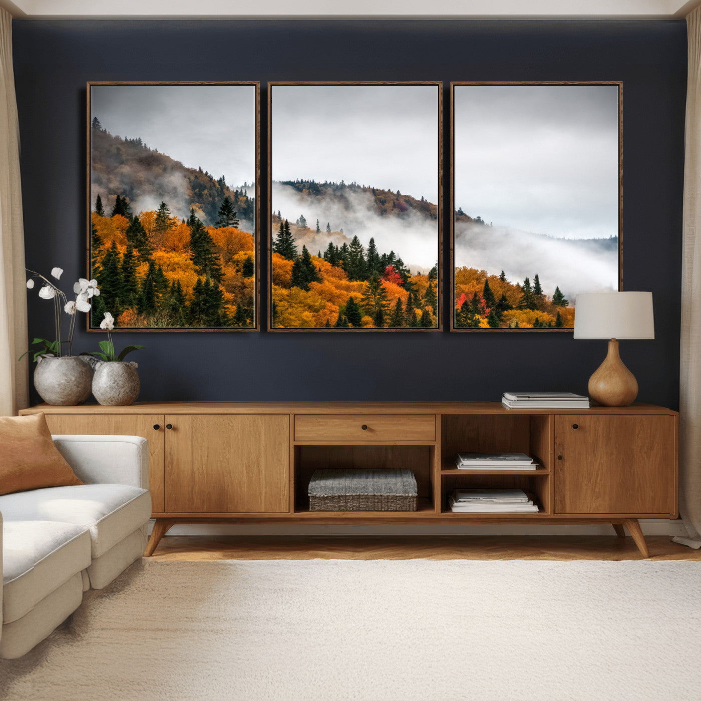 93581632-MGV-CV-36X24 - Autumn Forest Wall Art Canvas Print, Foggy Mountain Landscape Nature Photography, Framed Wall Art Ready to Hang