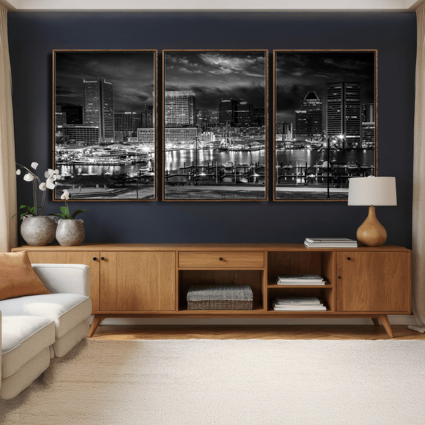 79755655-MGV-CV-36X24 - Baltimore Skyline Wall Art Canvas Print, Baltimore Downtown Night Cityscape Print for Modern Urban Wall Decor