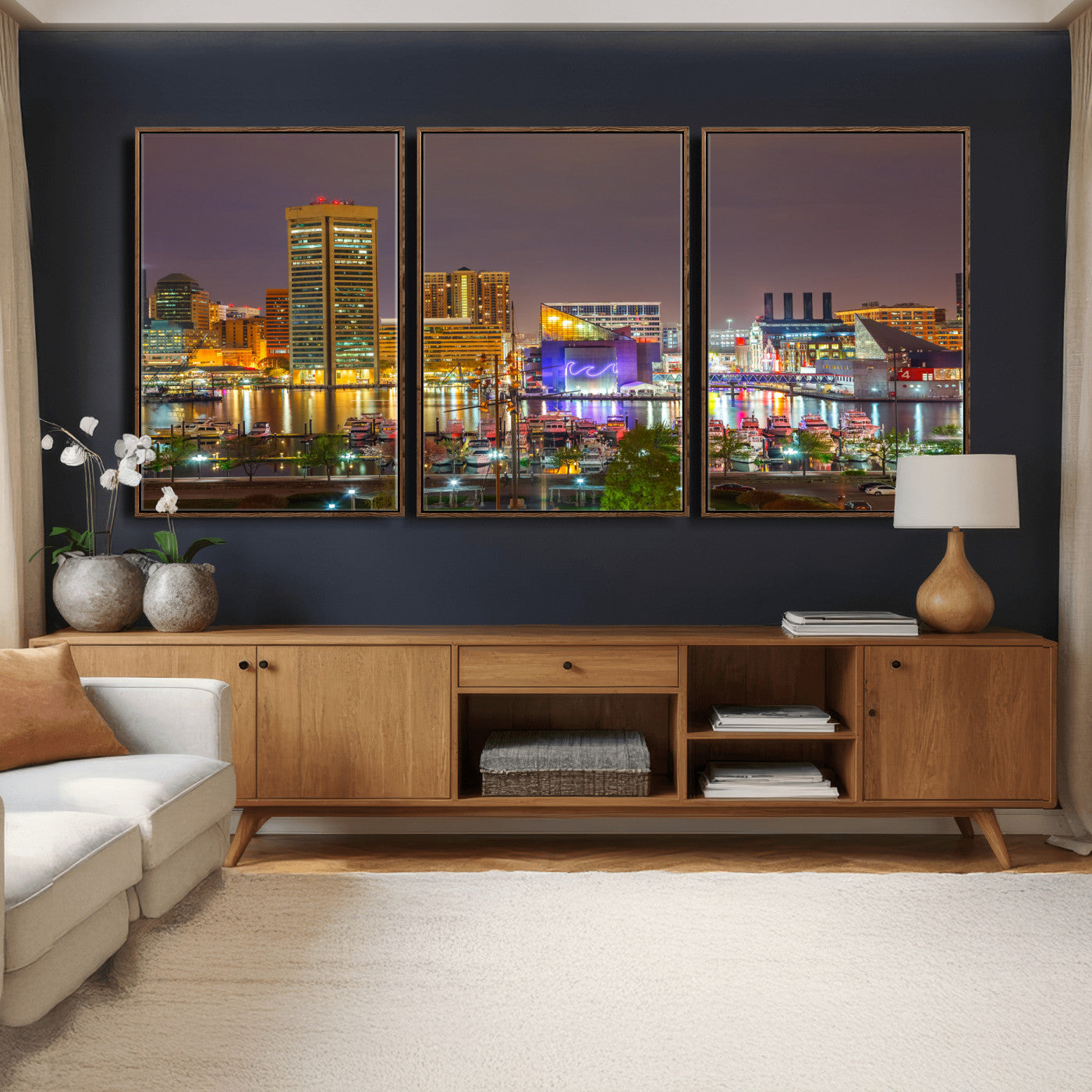42654823-MGV-CV-36X24 - Baltimore Skyline Wall Art Canvas Print, Baltimore Downtown Night Cityscape Print for Modern Urban Wall Decor