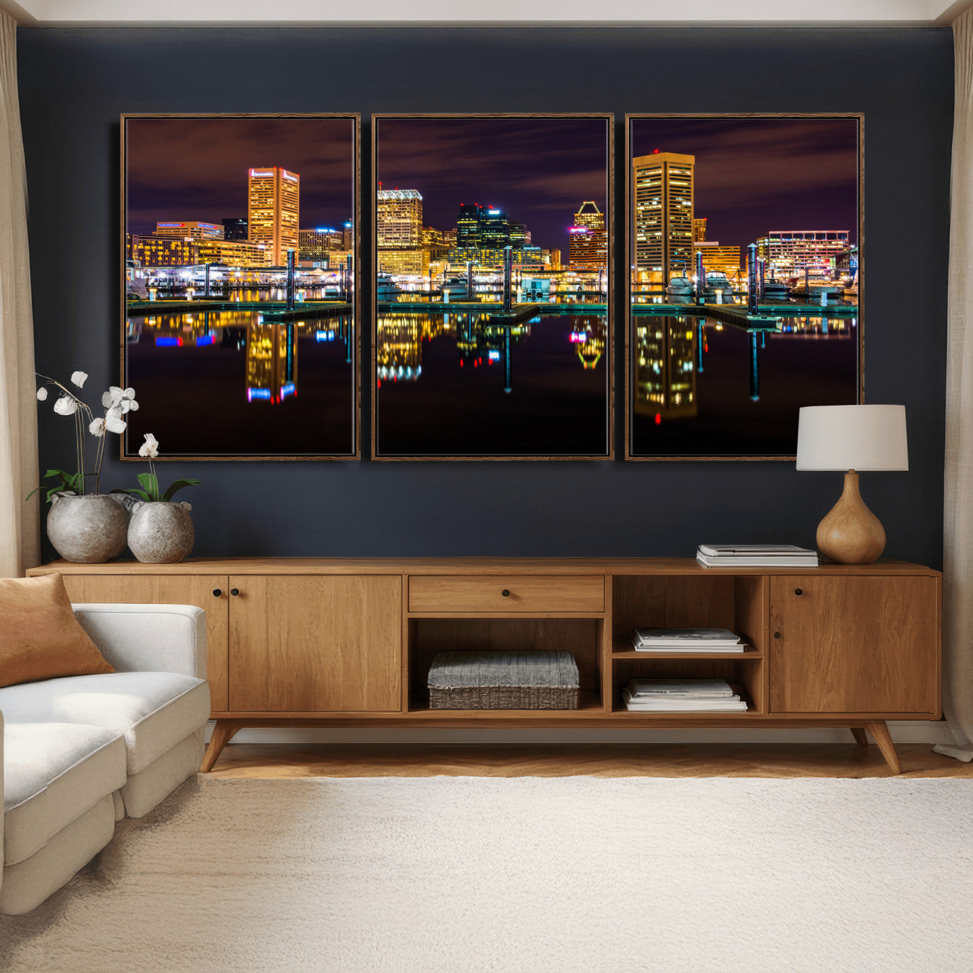 38201692-MGV-CV-36X24 - Baltimore Skyline Wall Art Canvas Print, Baltimore Downtown Night Cityscape Print for Modern Urban Wall Decor