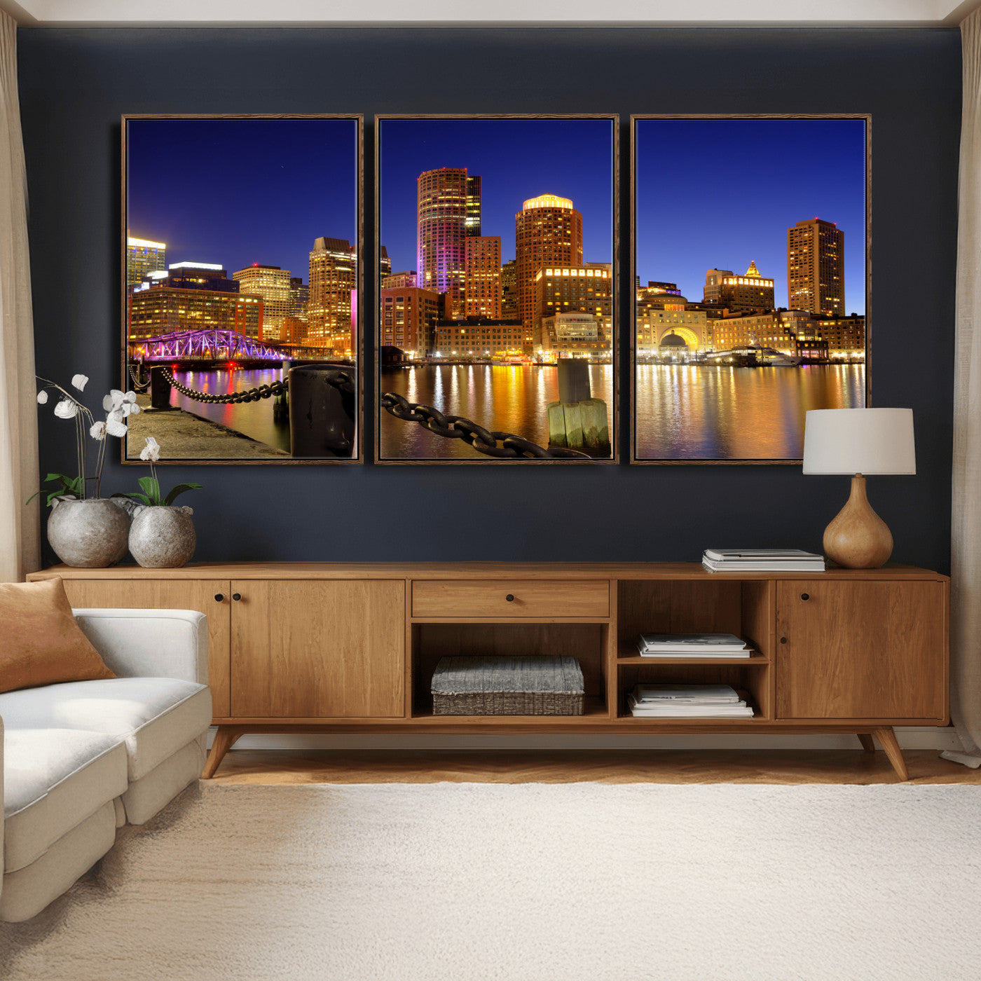56611117-MGV-CV-36X24 - Boston Wall Art Canvas Print, Boston City Downtown Night Cityscape Print for Modern Urban Wall Decor