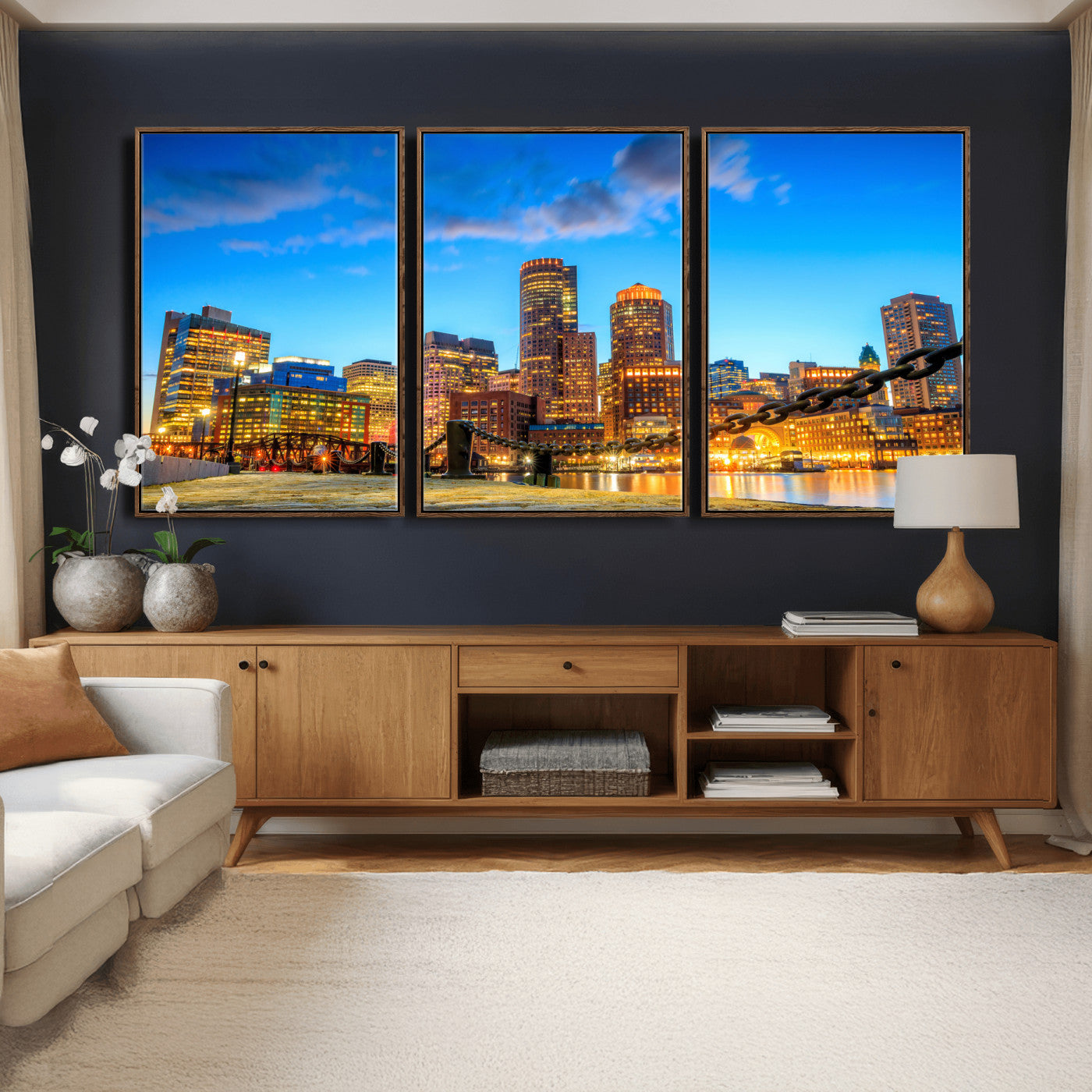 46736409-MGV-CV-36X24 - Boston Wall Art Canvas Print, Boston City Downtown Night Cityscape Print for Modern Urban Wall Decor