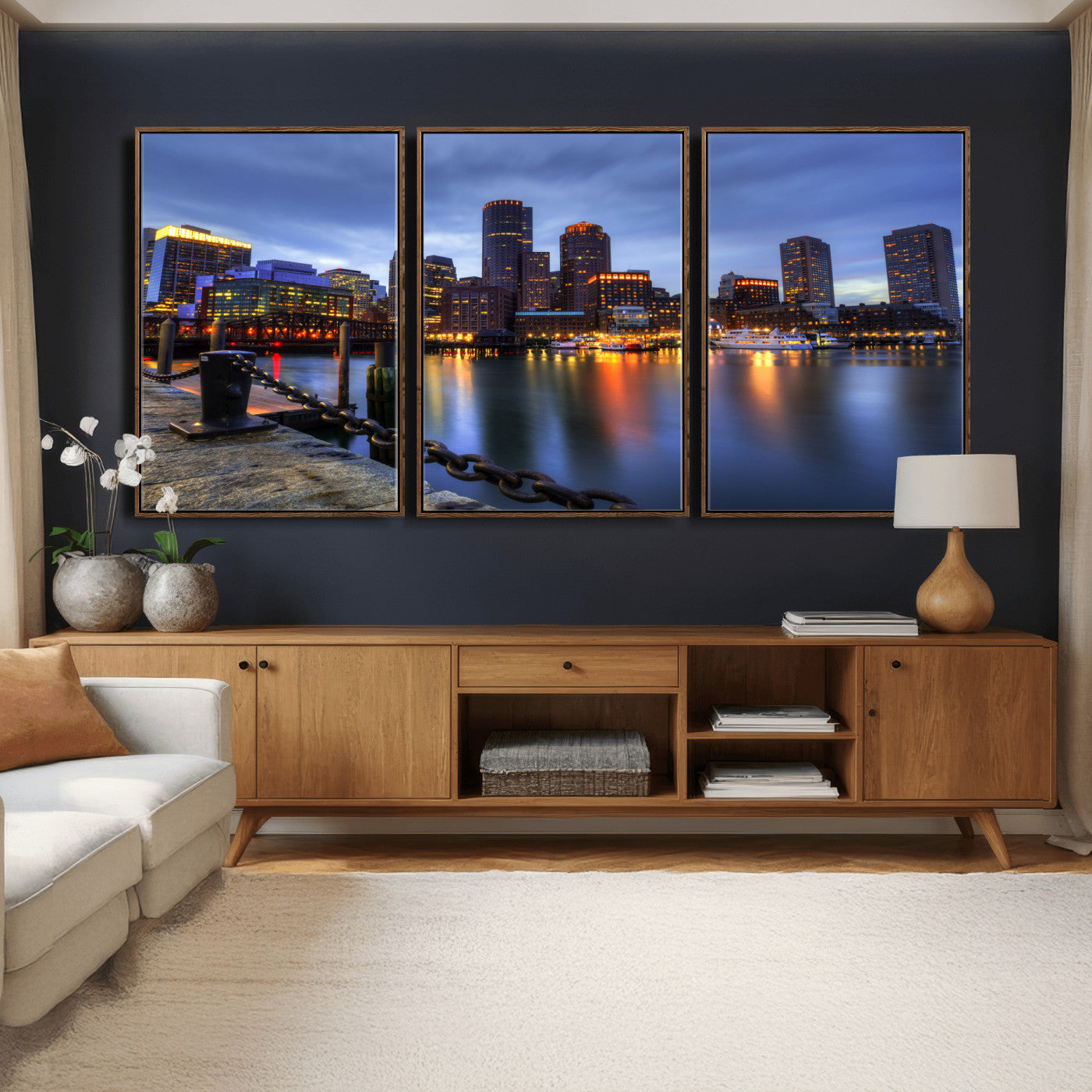 82439622-MGV-CV-36X24 - Boston Wall Art Canvas Print, Boston City Downtown Night Cityscape Print for Modern Urban Wall Decor