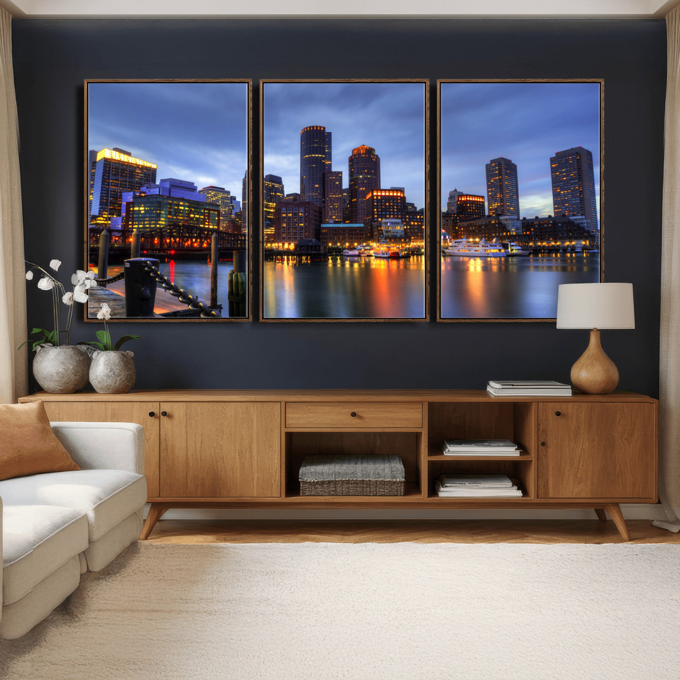 74951698-MGV-CV-60X30-3P - Boston Wall Art Canvas Print, Boston City Downtown Night Cityscape Print for Modern Urban Wall Decor