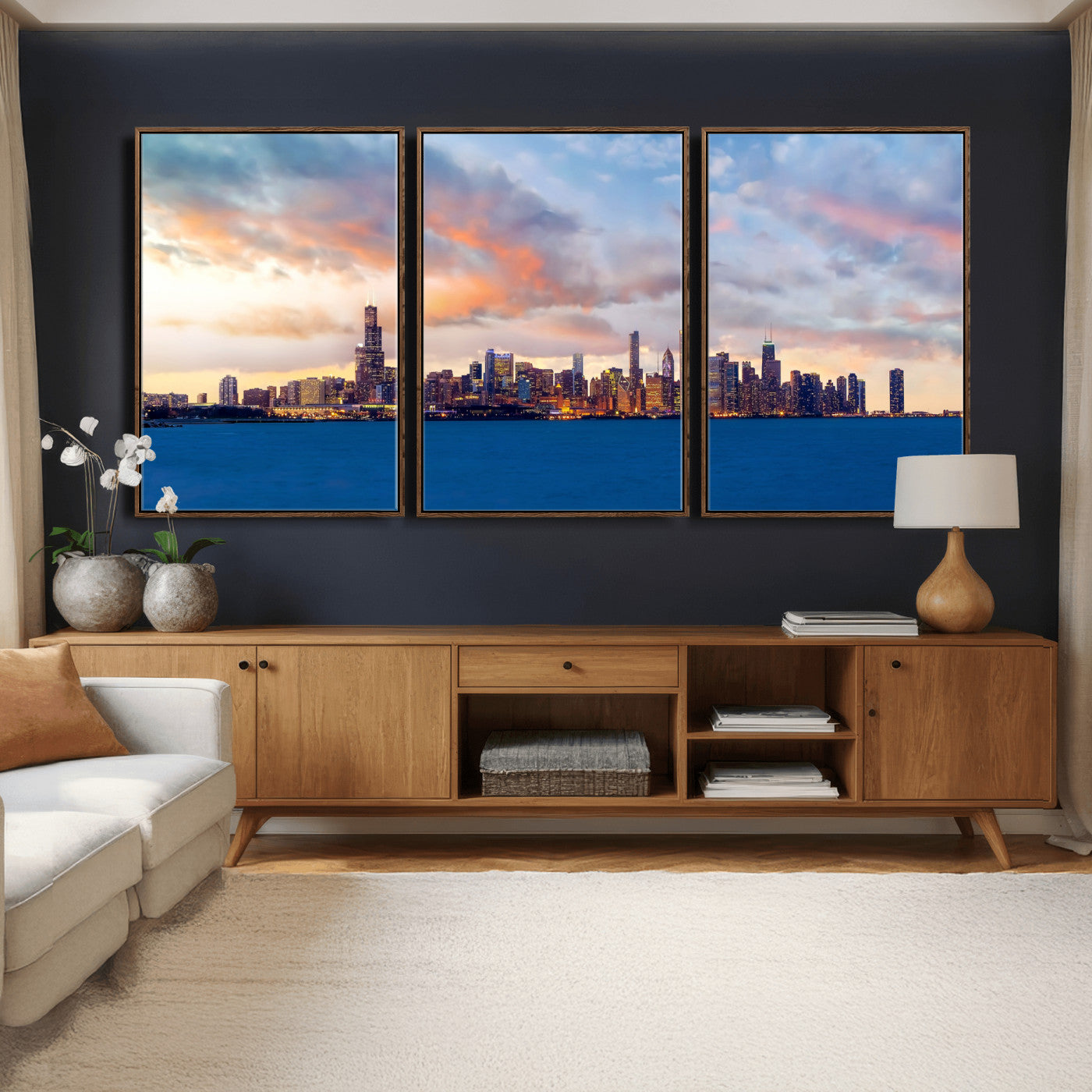 34667960-MGV-CV-36X24 - Chicago Wall Art Canvas Print, Chicago City Downtown Night Cityscape Print for Modern Urban Wall Decor