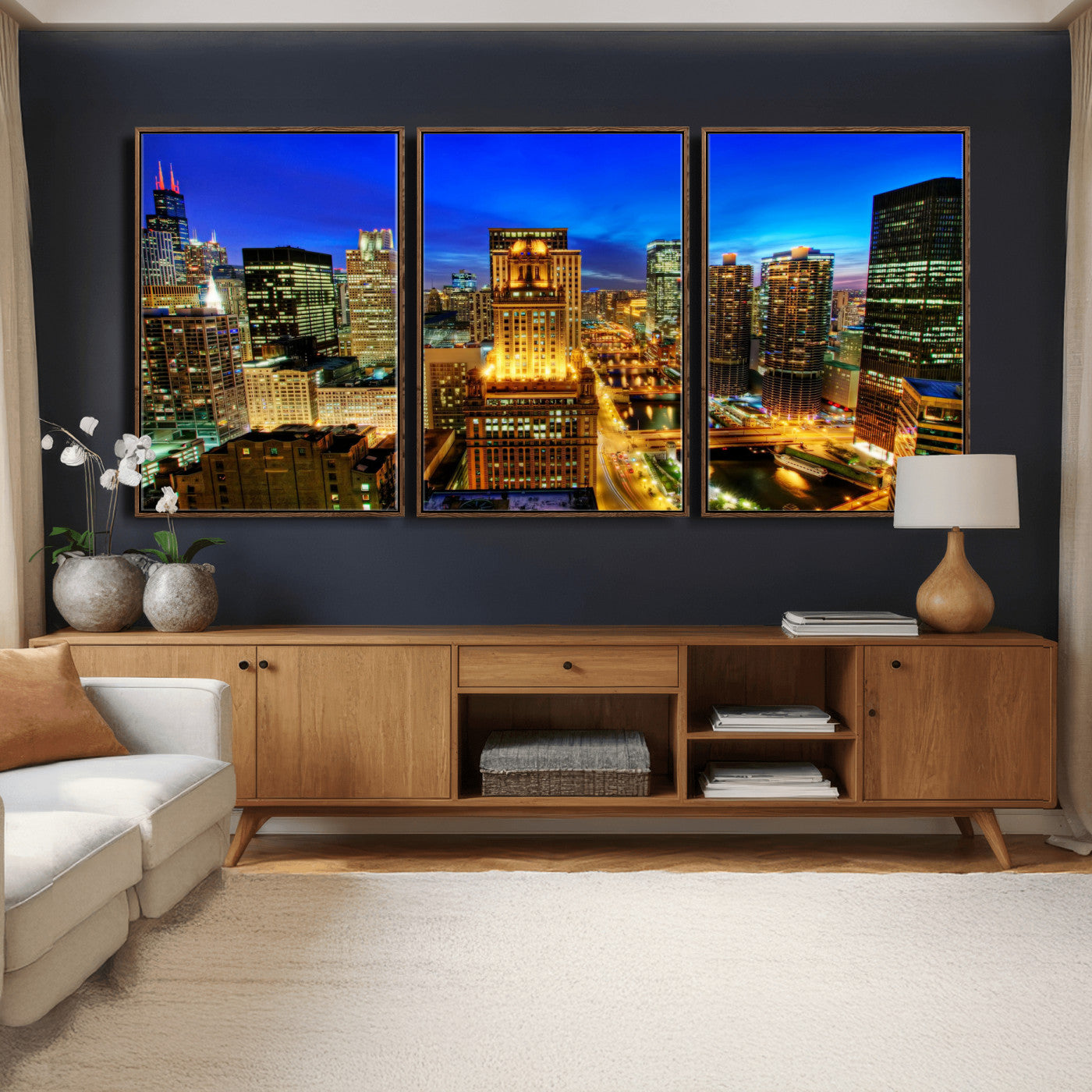 46298885-MGV-CV-36X24 - Chicago Wall Art Canvas Print, Chicago City Downtown Night Cityscape Print for Modern Urban Wall Decor