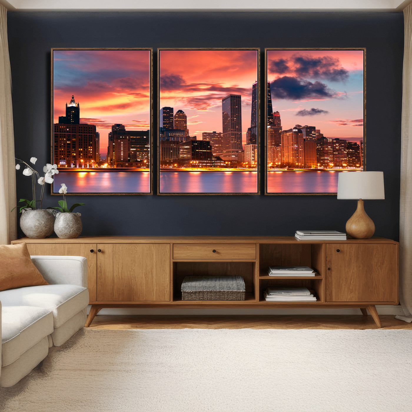 80390109-MGV-CV-36X24 - Chicago Wall Art Canvas Print, Chicago City Downtown Night Cityscape Print for Modern Urban Wall Decor
