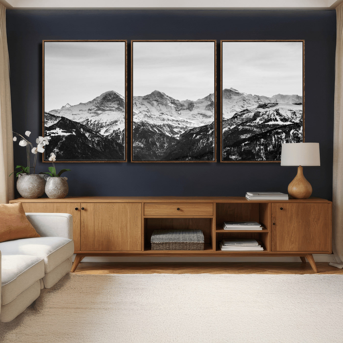 85684934-MGV-CV-36X24 - Black and White Mountain Wall Art Canvas Print, Snowy Alpine Peaks Landscape Photography, Minimal Monochrome Mountain Art, Scenic Nature Wall Decor