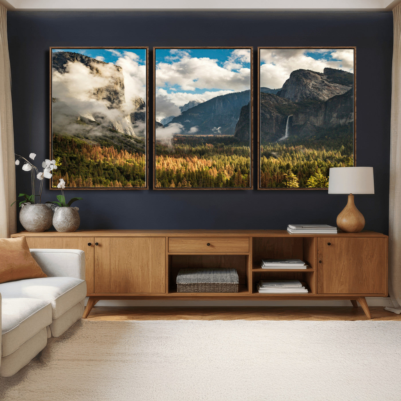 18271001-MGV-CV-36X24 - Yosemite Valley River Landscape Wall Art Canvas Print, Granite Cliffs Forest River Canvas Print, California National Park Moody Scenic Art Printi