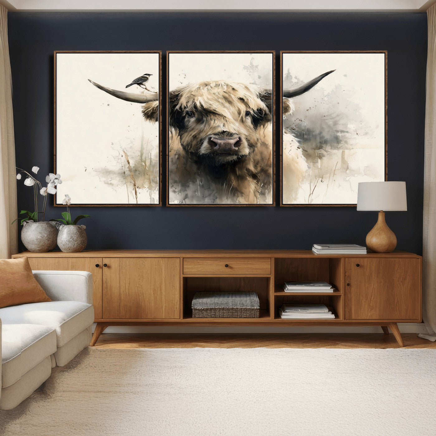 98249290-MGV-CV-36X24 - Abstract Highland Cow Watercolor Animal Wall Art Canvas Print, Rustic Farm Cattle Portrait Canvas Print, Neutral Wildlife Farmhouse Art Printing