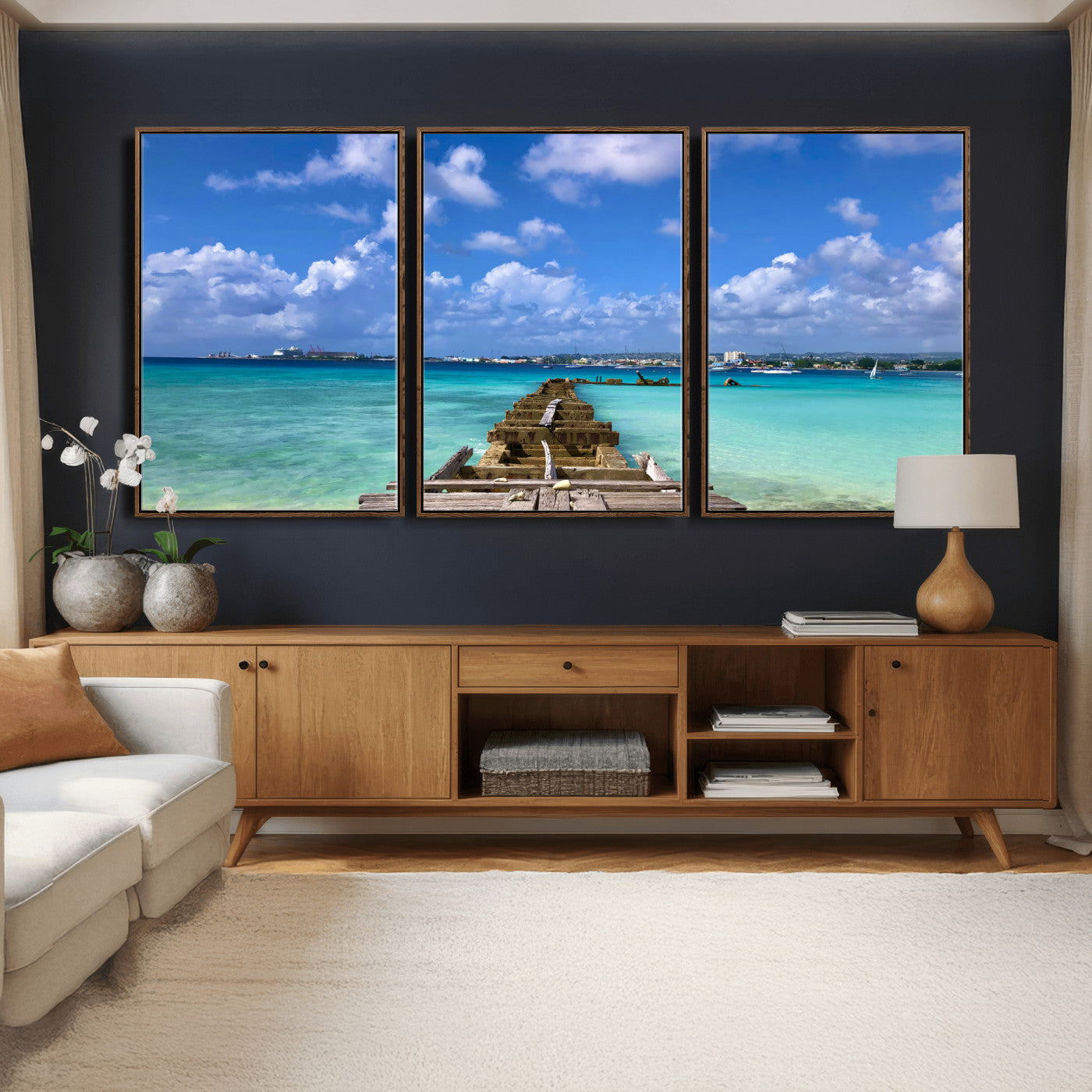 43165024-MGV-CV-36X24 - Caribbean Ocean Pier Seascape Wall Art Canvas Print, Turquoise Sea Tropical Harbor Canvas Print, Island Coastal Blue Water Scenic Art Printing