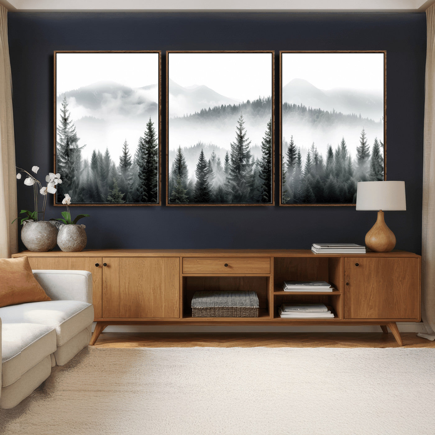 38819032-MGV-CV-36X24 - Misty Pine Forest Mountain Landscape Wall Art Canvas Print, Foggy Evergreen Trees Minimal Nature Canvas Print, Monochrome Wilderness Scenic Art Printing